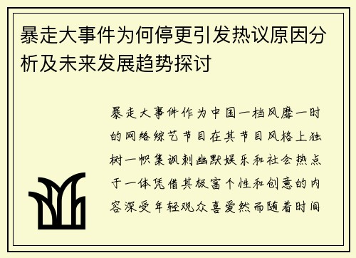 暴走大事件为何停更引发热议原因分析及未来发展趋势探讨